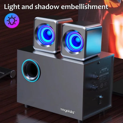 Silver and black mogolala brand wooden desktop subwoofer stereo speaker system with glowing blue led lights and audio 3d surround bass game speakers