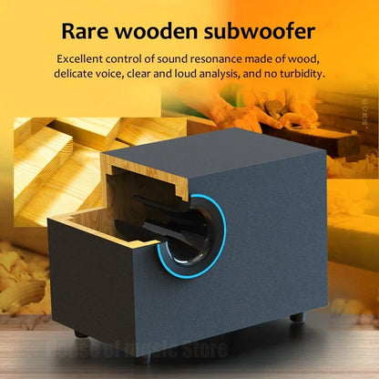 Dark gray wooden desktop subwoofer with visible interior panel and blue accent for audio 3d surround bass game speakers
