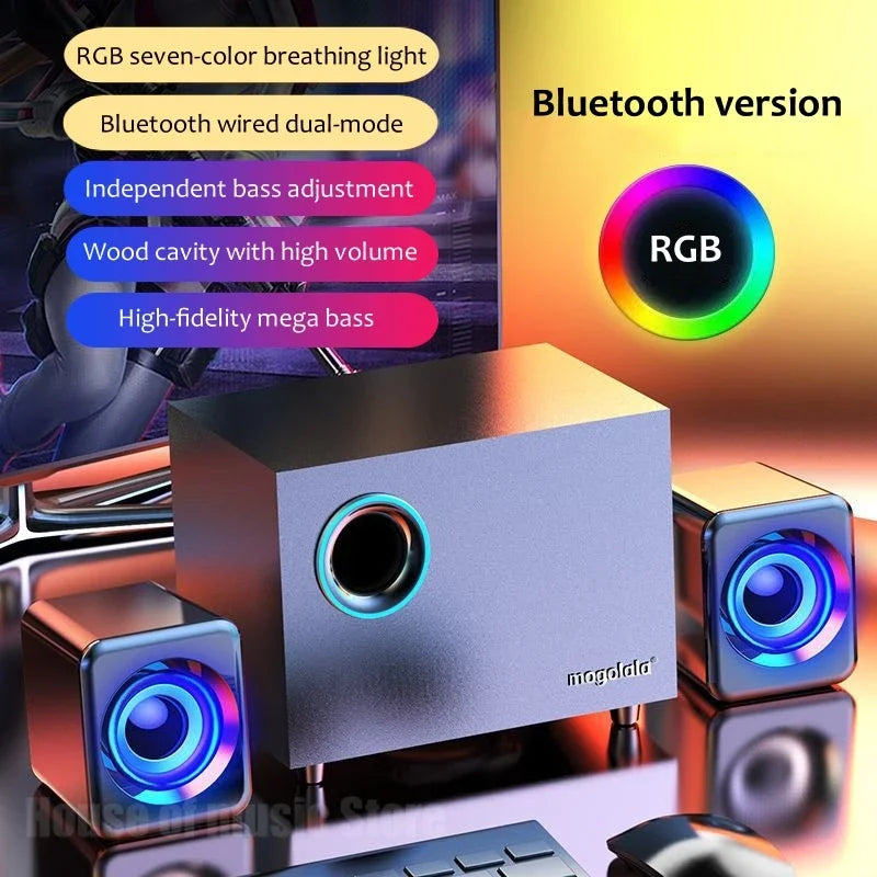 Silver wooden desktop subwoofer with rgb lighting and two cube satellite speakers for audio 3d surround bass game speakers
