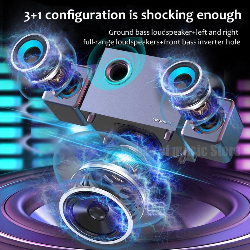 Silver wooden desktop subwoofer with three satellite speakers and blue glowing accents for audio 3d surround bass game speakers