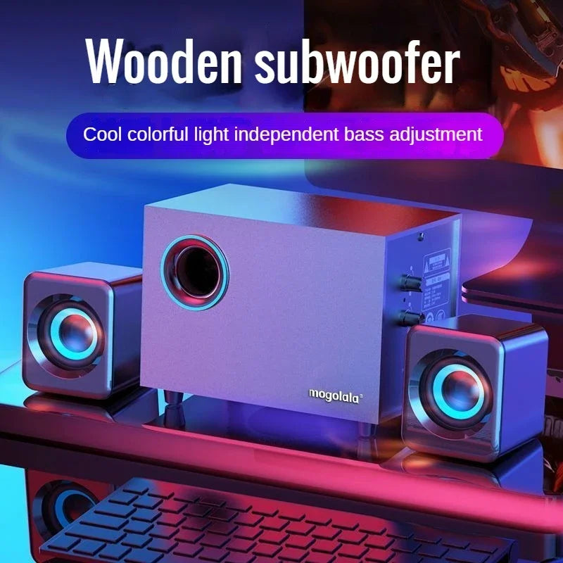 The mogolala wooden desktop subwoofer features a sleek rectangular design with blue led lights and audio 3d surround bass