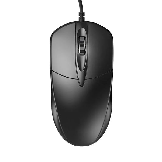 Black wired computer mouse with ergonomic design and textured scroll wheel ideal as optical mouse gamer or notebook computer mouse
