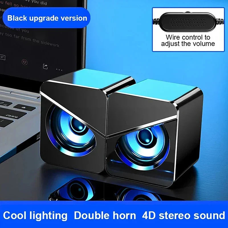 Black cube-shaped usb wired computer speakers 4d shocking with glowing blue surround sound led and volume control for gaming bass wired use