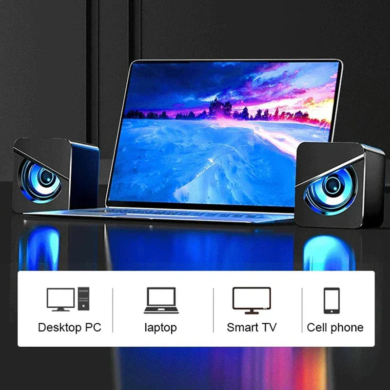 Black and blue illuminated usb wired computer speakers 4d shocking with surround sound led and gaming bass wired for desktop
