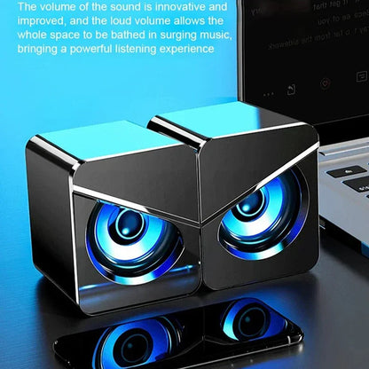 Black cube-shaped usb wired computer speakers with glowing blue surround sound led rings for gaming bass wired use