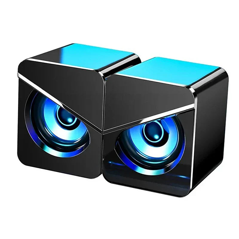 Black cube-shaped usb wired computer speakers 4d shocking with blue led surround sound led and gaming bass wired features