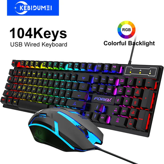 Black wired keyboard rgb with mechanical feel and matching black mouse featuring blue led accents for gaming use