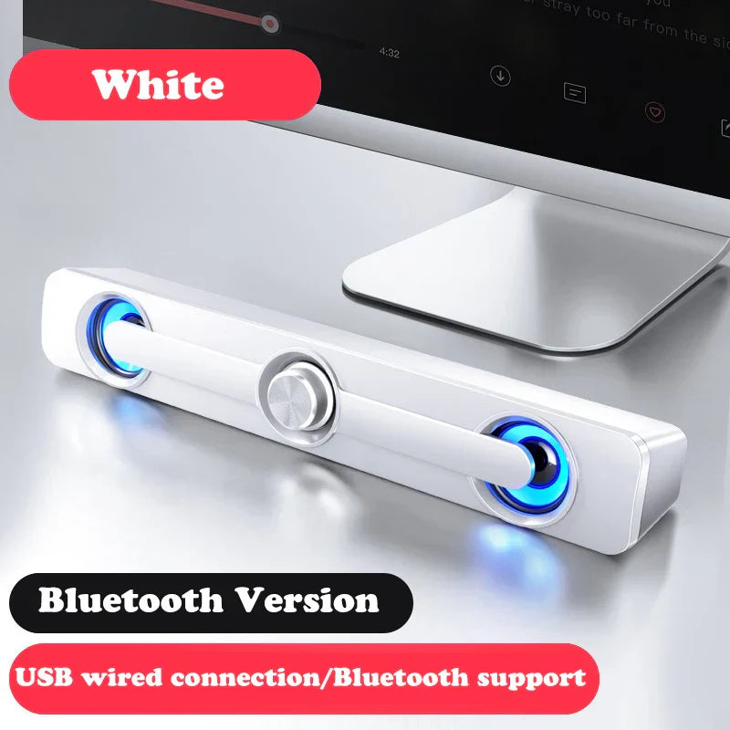 White usb wired powerful computer speaker bar with blue illuminated drivers and silver control knob for surround sound box