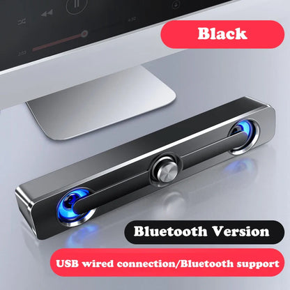 Black usb wired powerful computer speaker bar with sleek metallic finish and blue led lights surround sound box