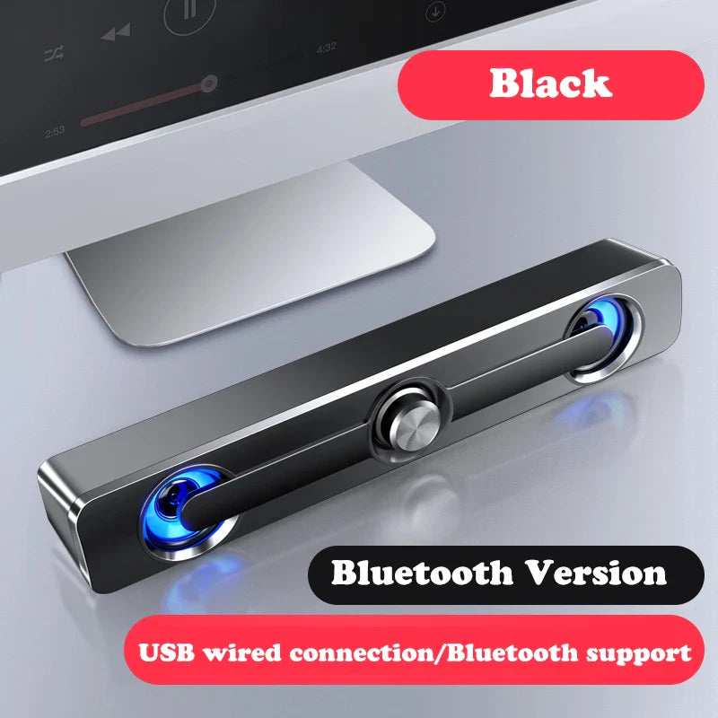 Black usb wired powerful computer speaker bar with sleek metallic finish and blue led lights surround sound box