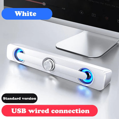White usb wired powerful computer speaker bar with blue illuminated speakers and silver rotary knob surround sound box