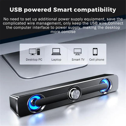 Black usb wired powerful computer speaker bar with blue illuminated speakers and silver rotary knob for surround sound box