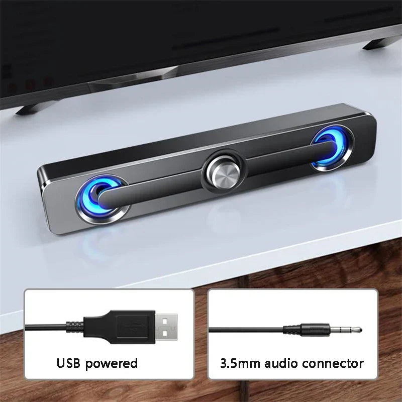 Black usb wired powerful computer speaker bar with blue illuminated circular speakers and silver volume knob surround sound box