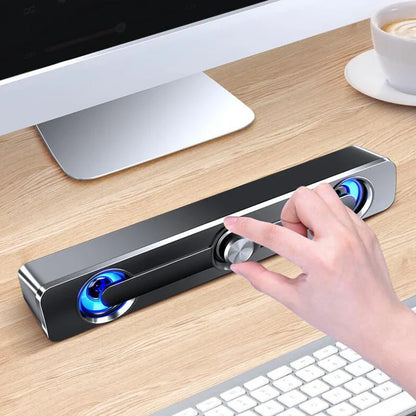 Black and silver usb wired powerful computer speaker bar with blue LED illuminated drivers for surround sound box use