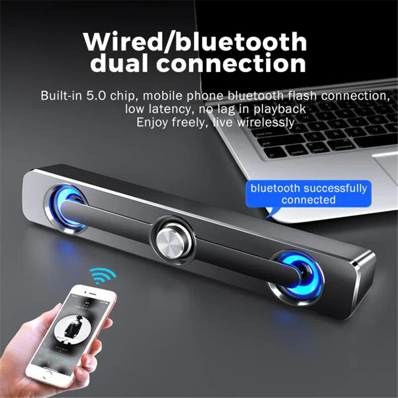Black and silver usb wired powerful computer speaker bar with blue led lights for surround sound box use
