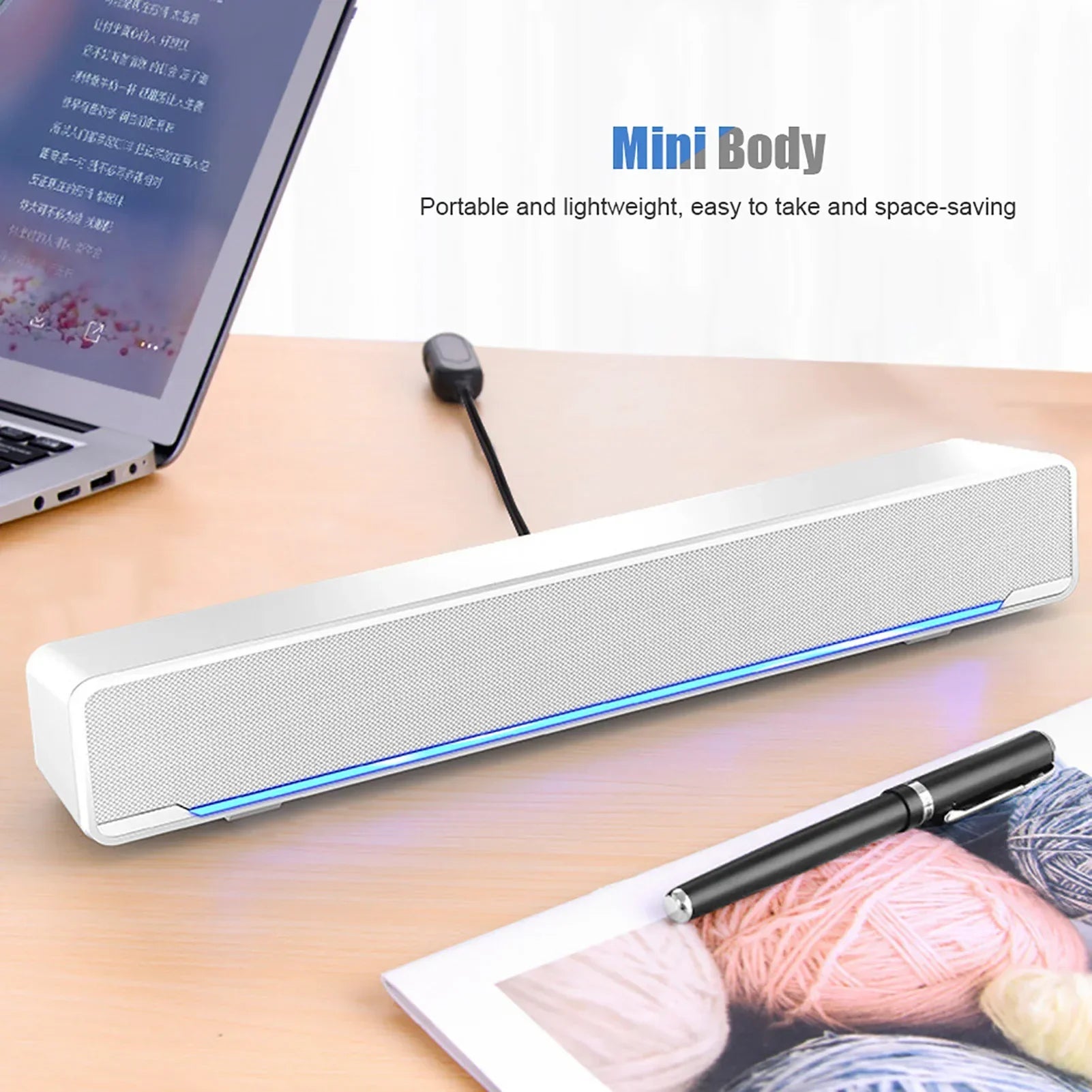 White rectangular soundbar music player with textured grille blue led lighting and usb wired bass surround sound box