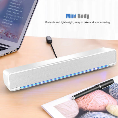 White rectangular soundbar music player with textured grille blue led lighting and usb wired bass surround sound box
