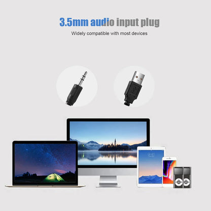 Black 3.5mm audio input plug with textured grip and usb adapter for usb wired stereo bass surround sound soundbar