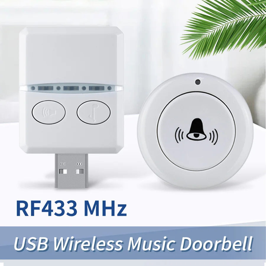 White usb wireless doorbell system with rectangular remote controll receiver and circular rf433 mhz remote transmitter