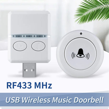 White usb wireless doorbell system with rectangular remote controll receiver and circular rf433 mhz remote transmitter