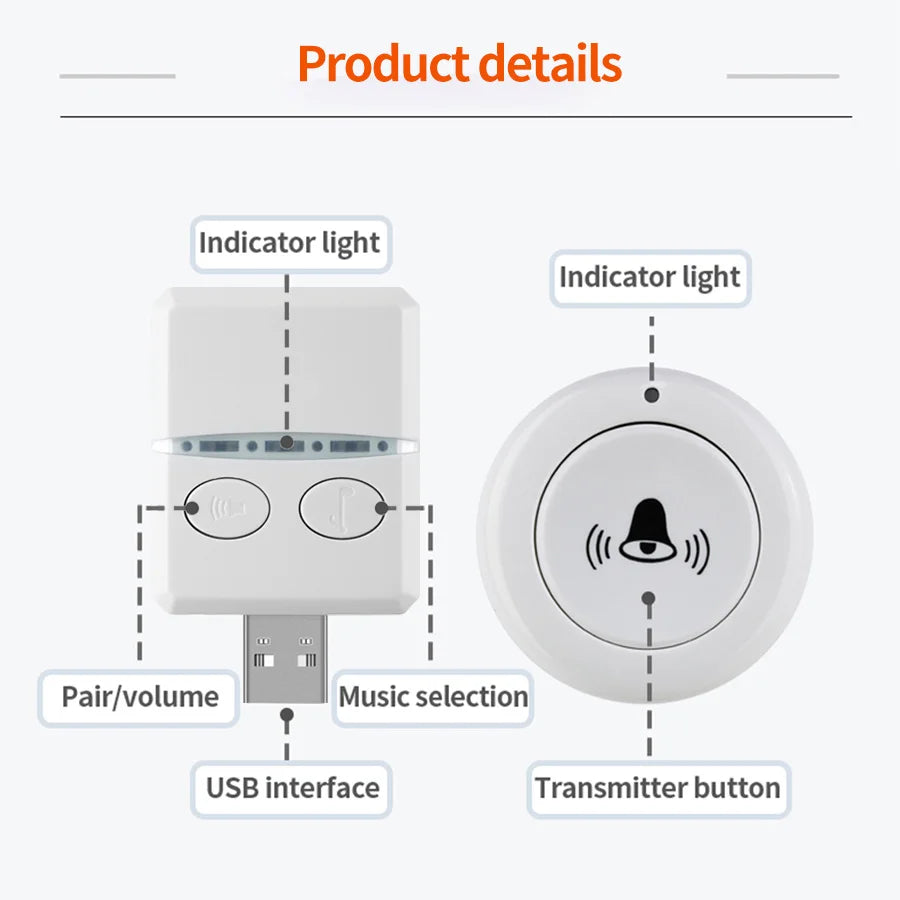 White usb wireless doorbell set with rf433 mhz remote controll receiver usb interface and control buttons