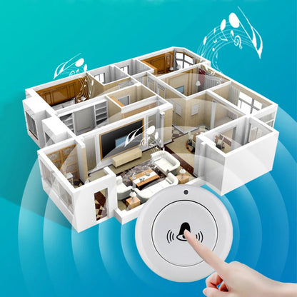 White circular usb wireless doorbell button with central bell icon and sound waves for rf433 mhz remote control receiver