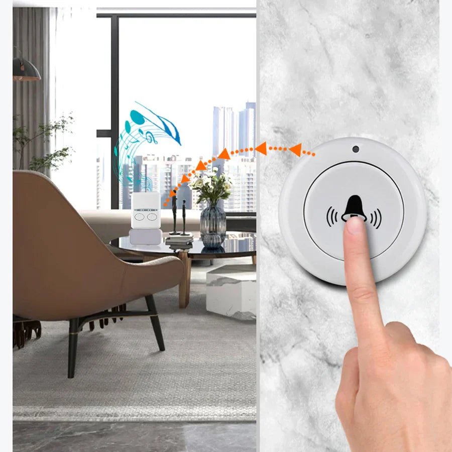 White circular doorbell button with black bell icon pressed by finger usb wireless doorbell rf433 mhz remote controll receiver