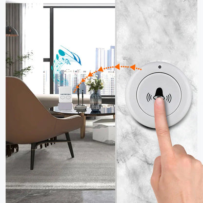 White circular doorbell button with black bell icon pressed by finger usb wireless doorbell rf433 mhz remote controll receiver