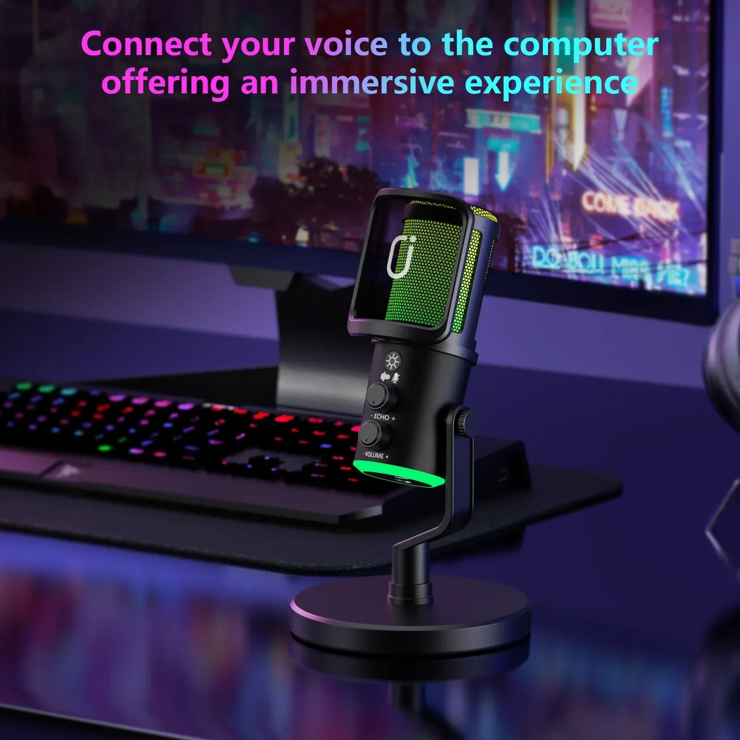 Black usb xlr dynamic gaming streaming mic with green led lighting mesh grille mute button and headphones jack