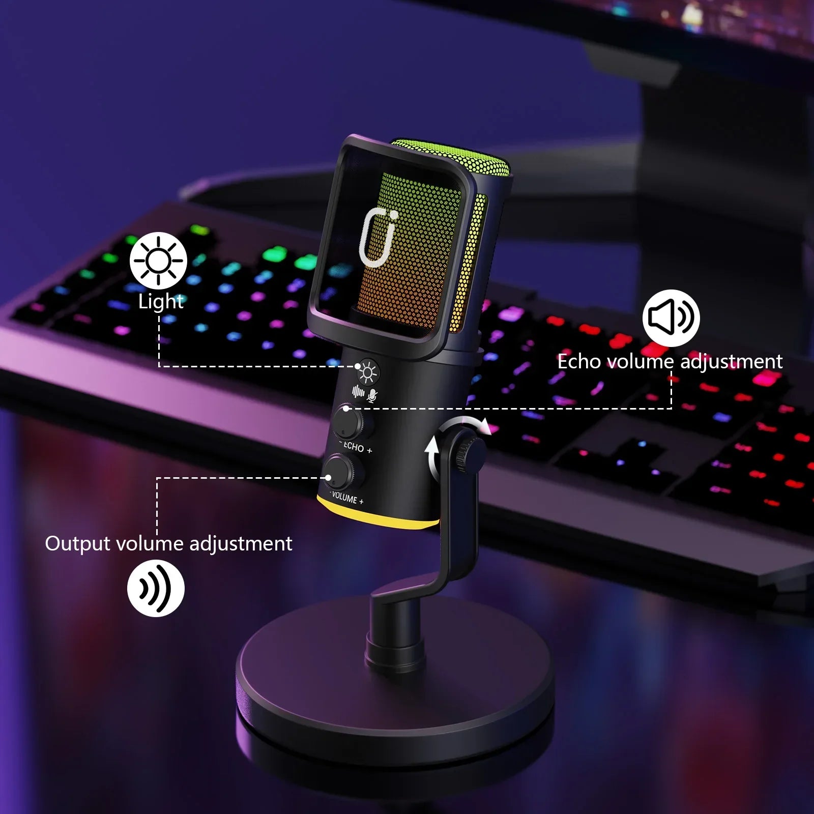 Black usb xlr dynamic gaming streaming mic with mesh grille yellow trim mute button and headphones jack controls