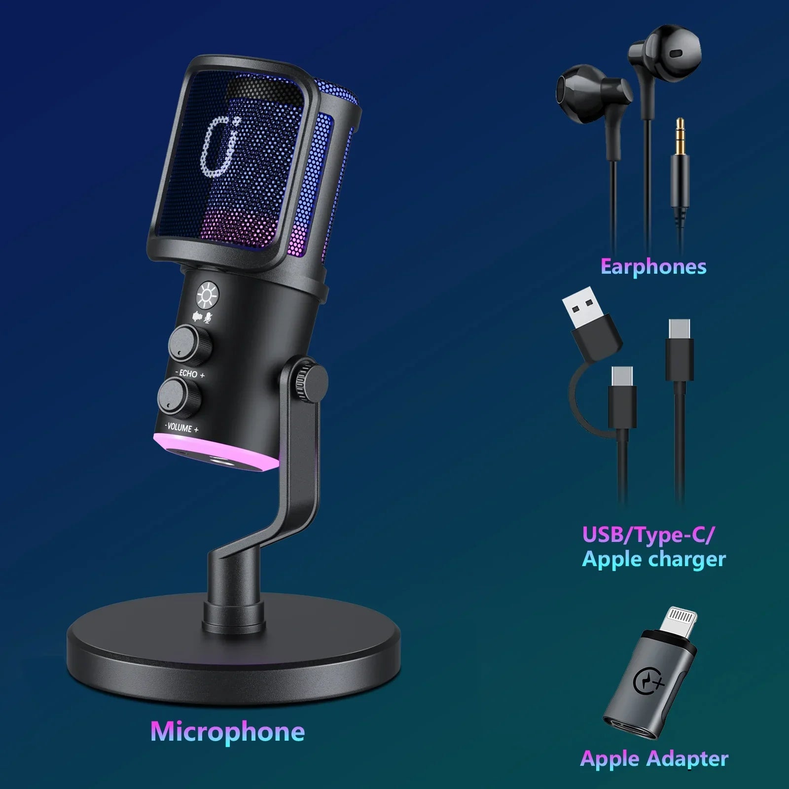 Black usb xlr dynamic microphone with mesh grille, glowing purple led, mute button headphones jack for gaming streaming mic