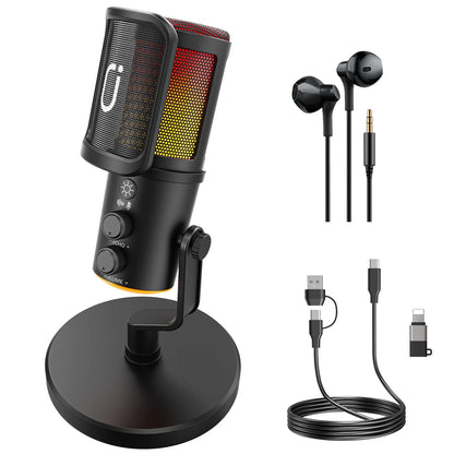 Black usb xlr dynamic microphone with red to yellow mesh grille, volume and echo knobs, mute button headphones jack for gaming streaming mic