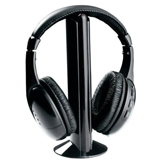 Black wireless tv headset with padded earcups and matching charging stand headset smart durable cordless headphone music player