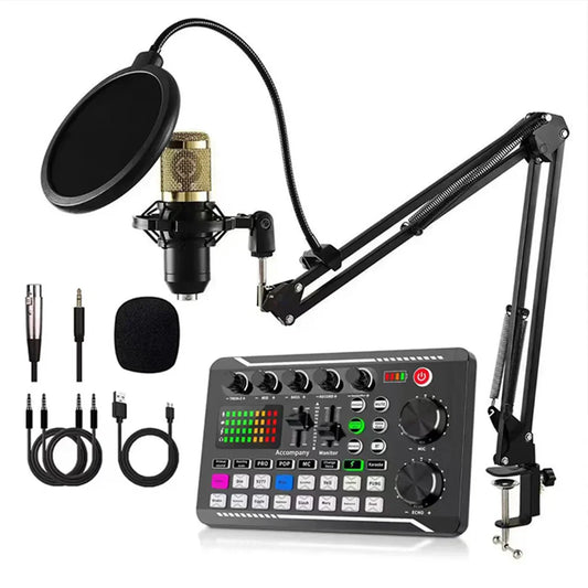 Black and gold stripe dynamic microphone with pop filter on adjustable arm above professional audio mixer panel