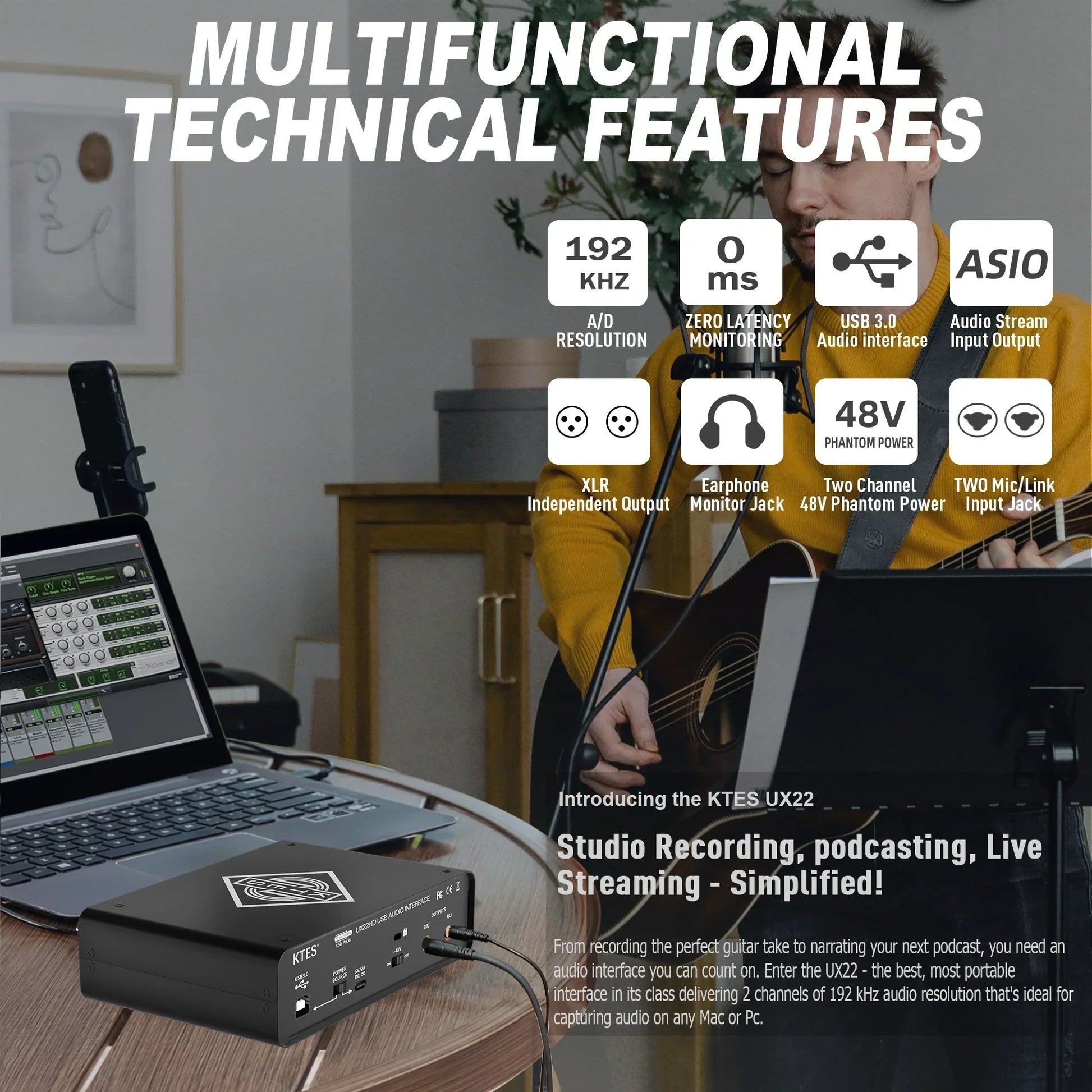 Black ux22 audio interface with usb 3.0 and xlr inputs for studio recording live podcast daw music production
