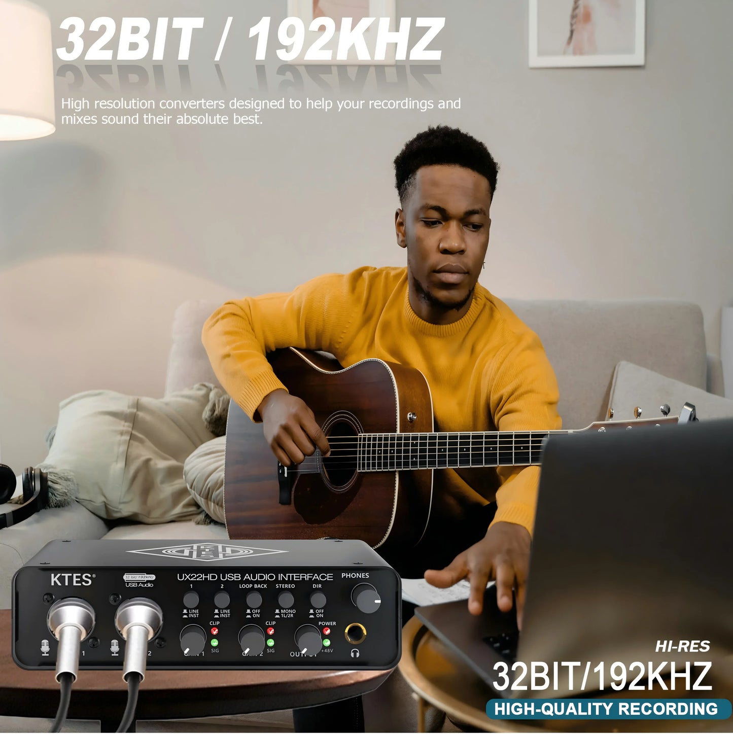 Black ux22 audio interface with silver input jacks and control knobs for studio recording live podcast daw music production