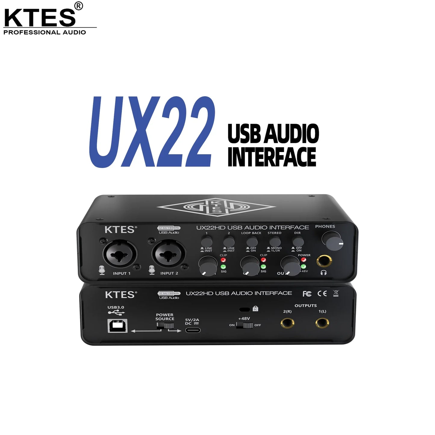 Black ktes ux22 audio interface usb sound card with multiple ports and knobs for studio recording live podcast daw music production