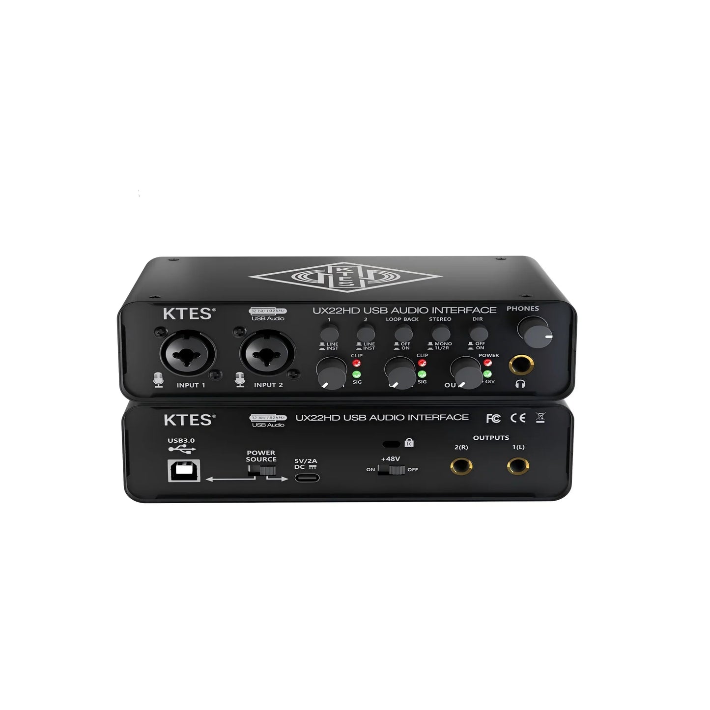 Black ux22 audio interface with two xlr inputs gain and monitoring knobs usb 3.0 port for studio recording live podcast daw music