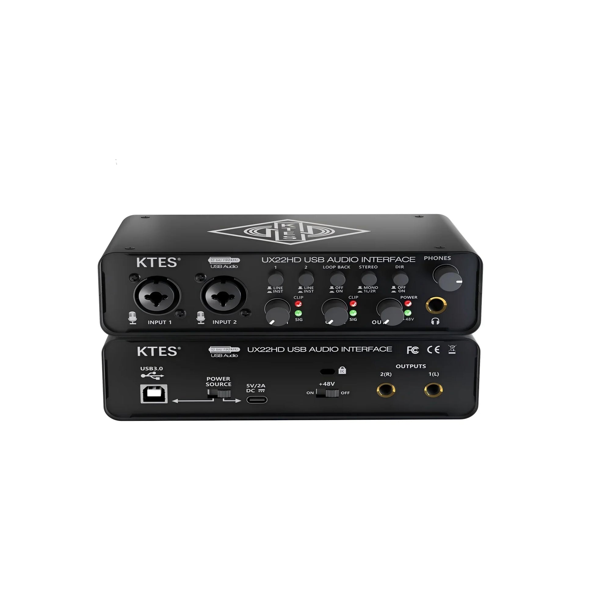 Black ux22 audio interface with two xlr inputs gain and monitoring knobs usb 3.0 port for studio recording live podcast daw music