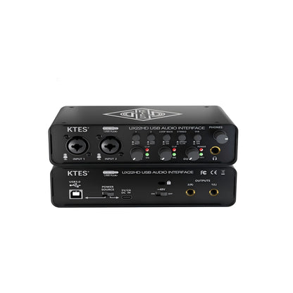 Black ux22 audio interface with two xlr inputs gain and monitoring knobs usb 3.0 port for studio recording live podcast daw music
