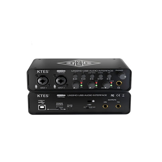 Black ux22 audio interface with two xlr inputs gain and monitoring knobs usb 3.0 port for studio recording live podcast daw music