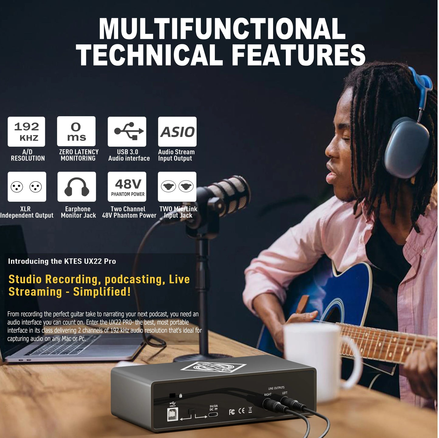 Black ktes ux22 pro audio interface 192khz with multiple ports and sleek design for recording live streaming podcast daw