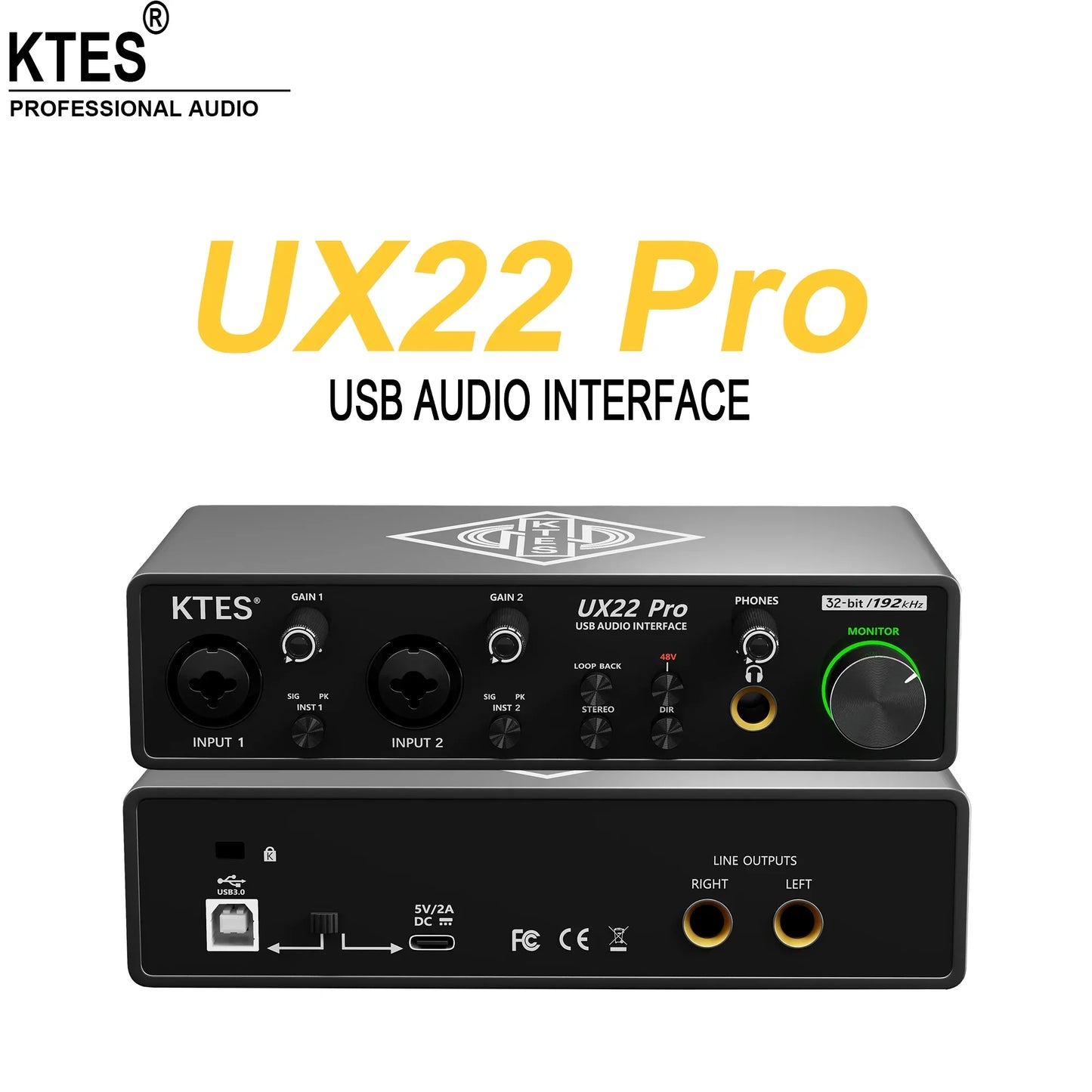Black ktes ux22 pro usb audio interface 192khz with silver accents and diamond logo for recording live streaming podcast daw
