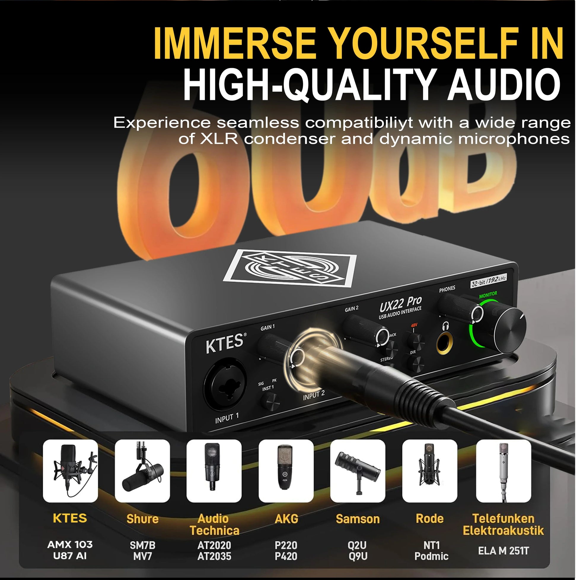 Black ktes ux22 pro audio interface 192khz with gold input jacks and green monitor knob for recording live streaming podcast daw