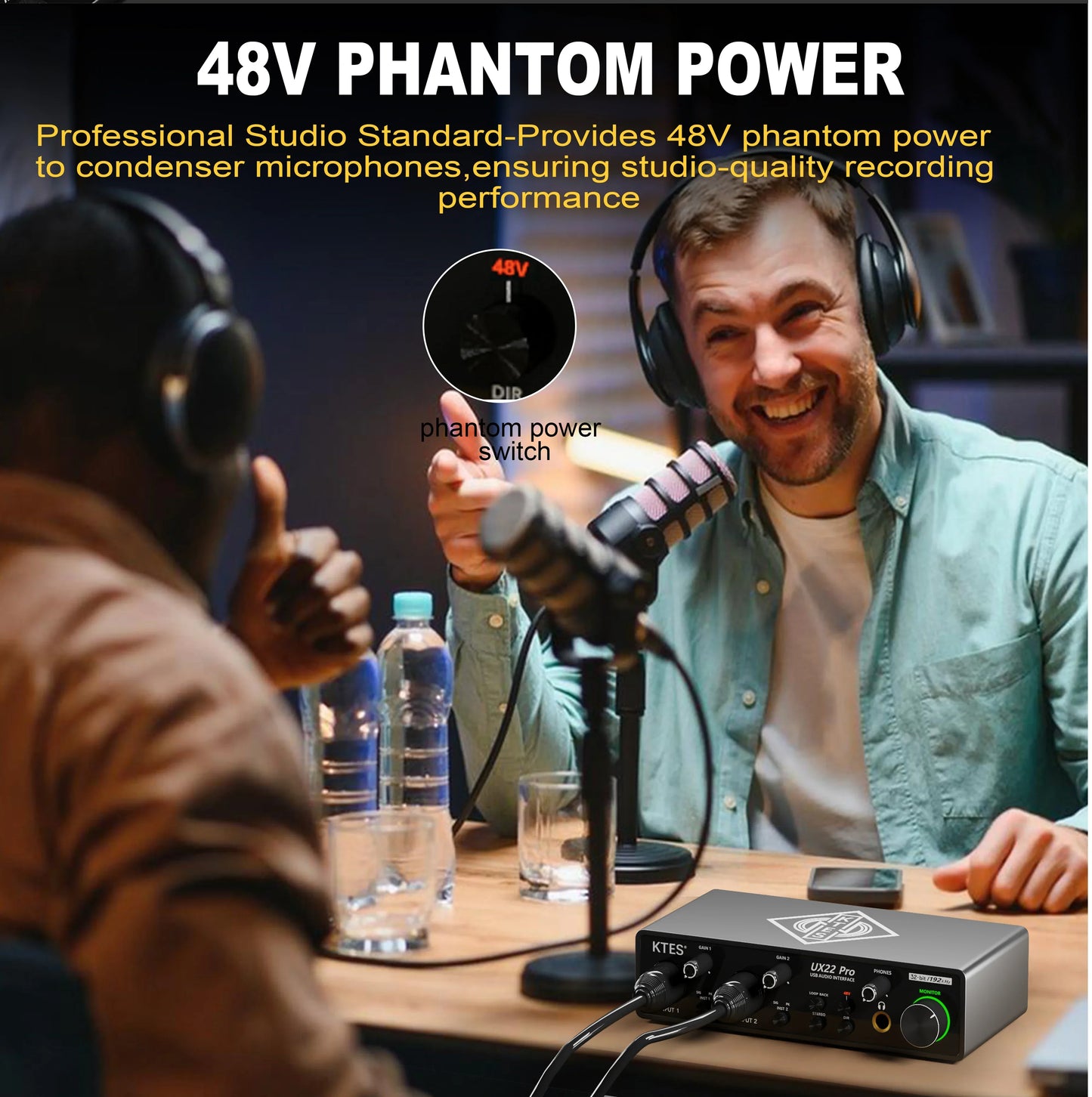 Black kts ux22 pro audio interface 192khz with green power indicator and multiple ports for recording live streaming podcast daw