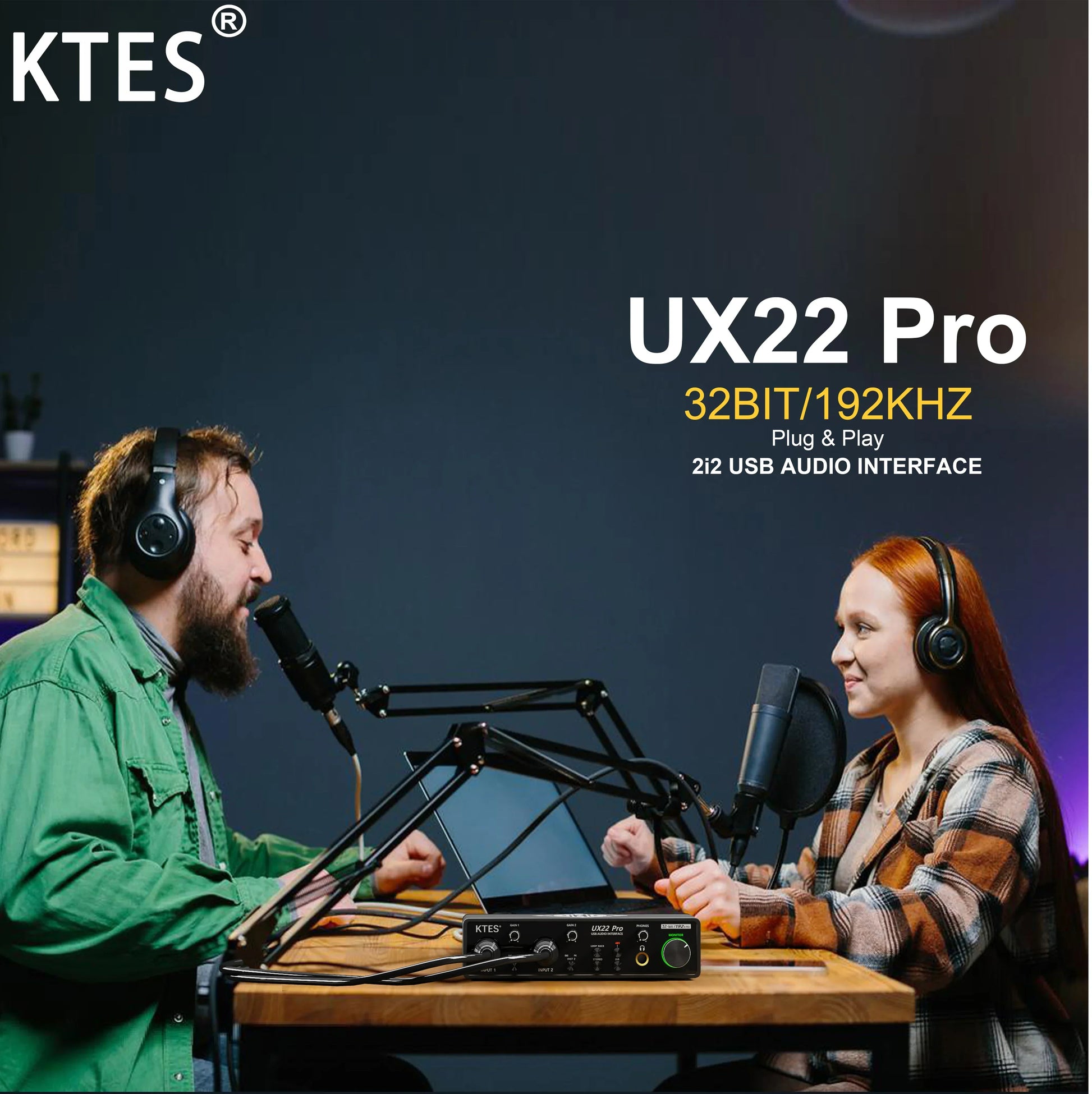 Ktes ux22 pro 32bit 192khz audio interface with sleek black metal casing and green power light for recording live streaming