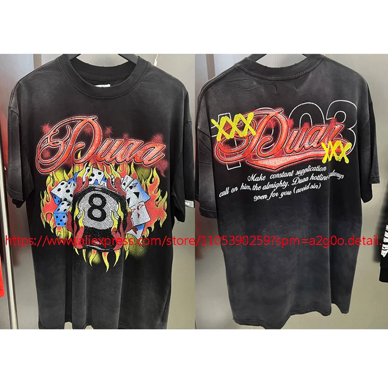 High Street Hip Hop DUAA Short Sleeved Oversize American Style Retro Washed Distressed Red Duaa T-shirt