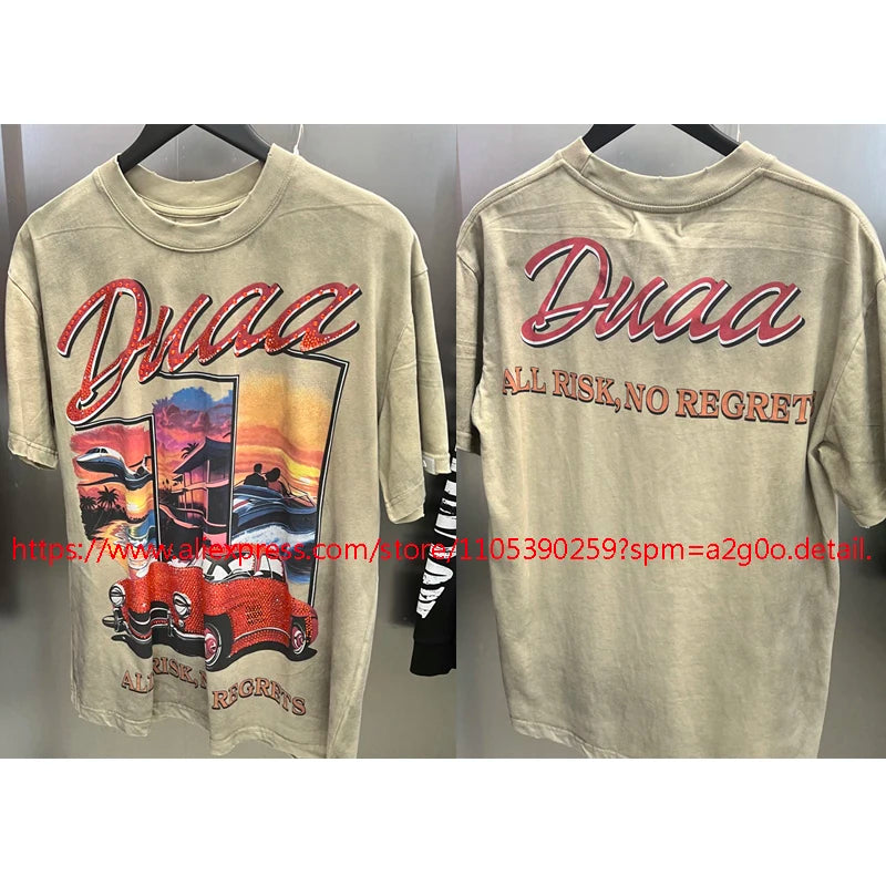High Street Hip Hop DUAA Short Sleeved Oversize American Style Retro Washed Distressed Red Duaa T-shirt
