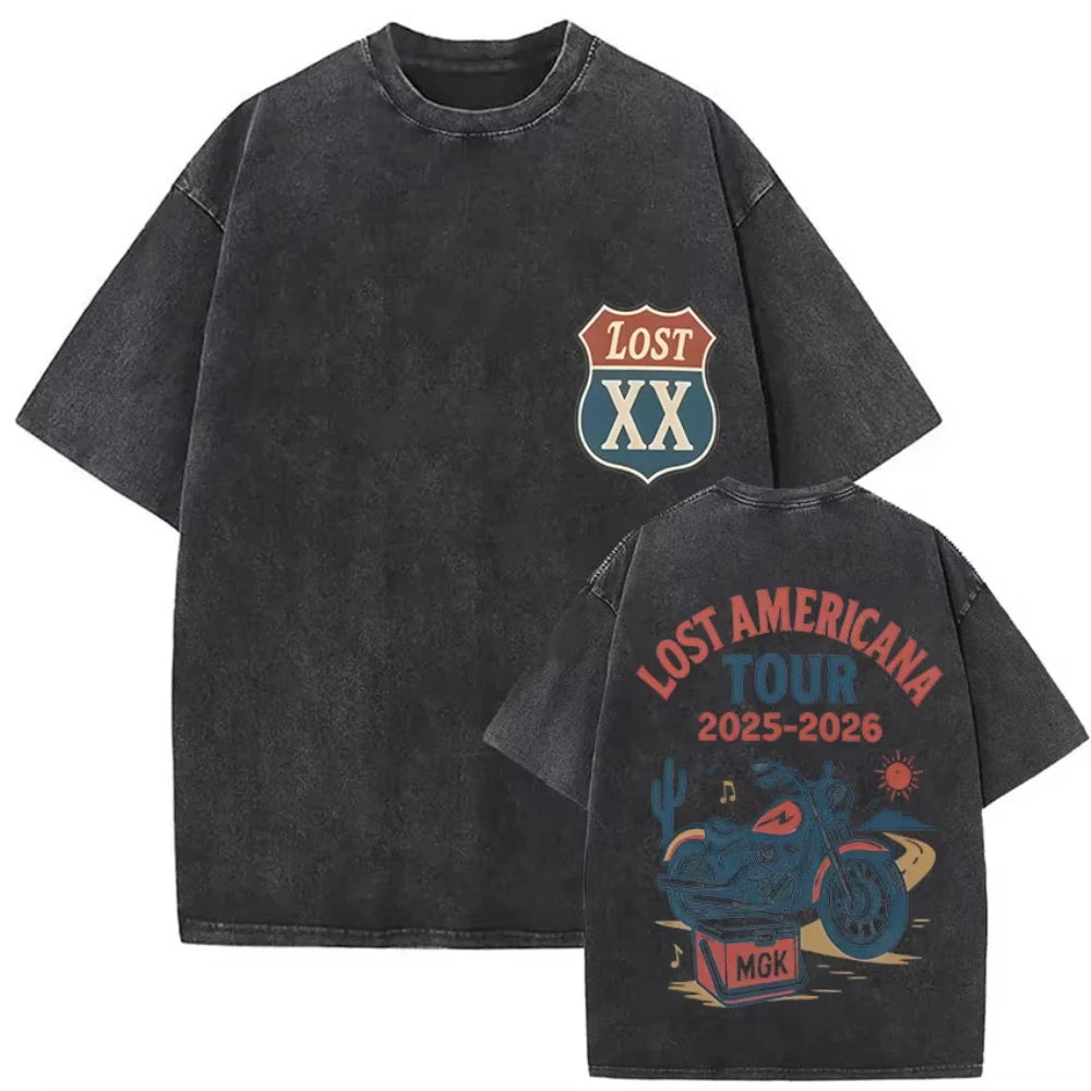Rapper MGK Day Lost Americana Tour 2026 Vintage Washed T Shirts Men's Women Hip Hop Punk Gothic Short Sleeve T-shirts Streetwear