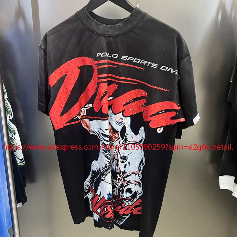 High Street Hip Hop DUAA Short Sleeved Oversize American Style Retro Washed Distressed Red Duaa T-shirt